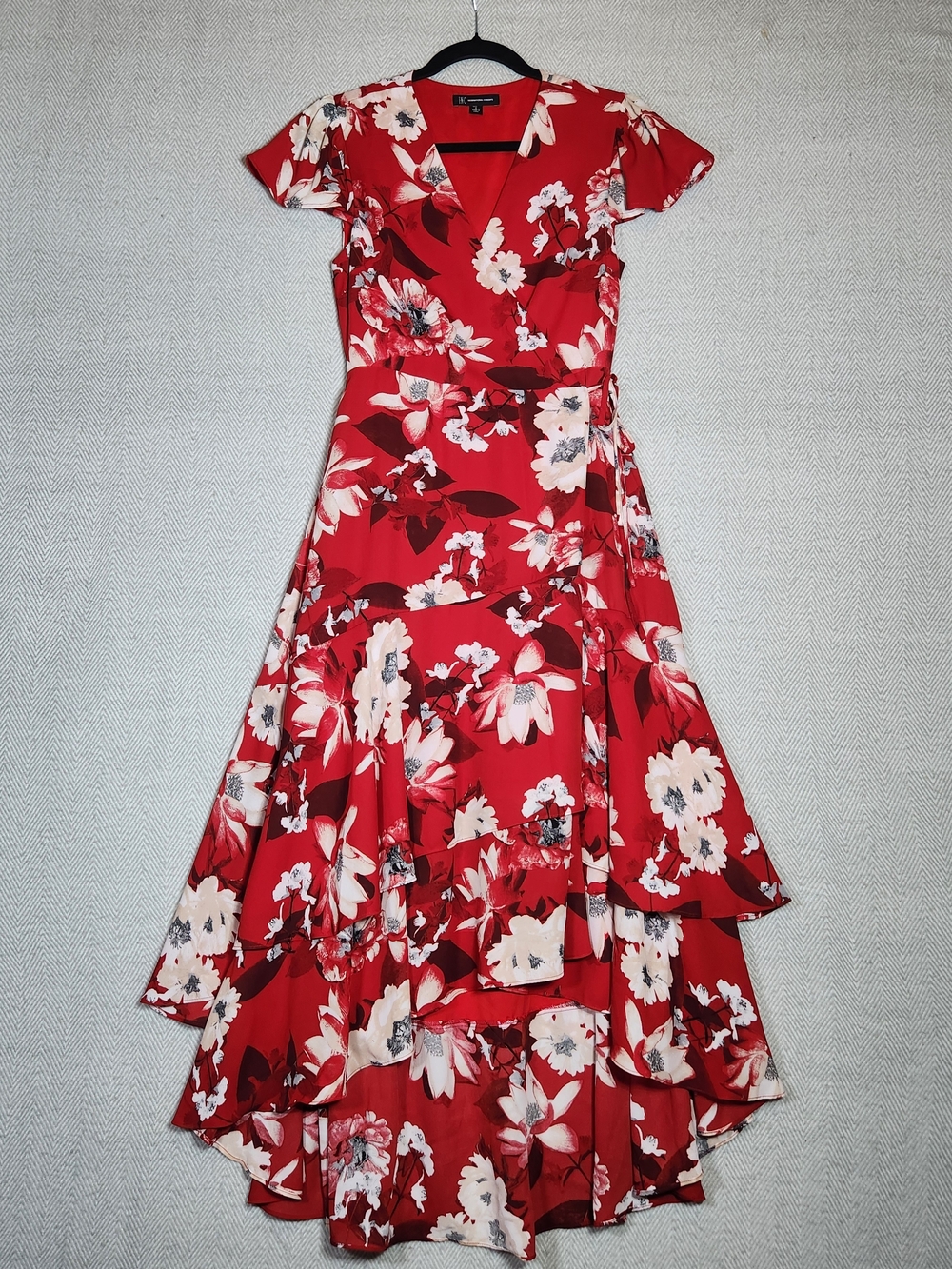 INC Midi High Low Floral Wrap Dress Women 4 Red Ruffles